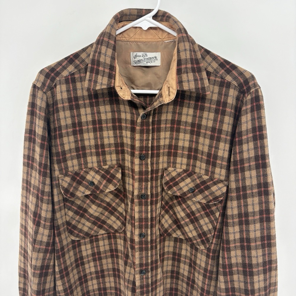 Vintage Sears Roebuck Plaid Flannel Shirt Button Pocket Wool Acrylic Nylon Men M